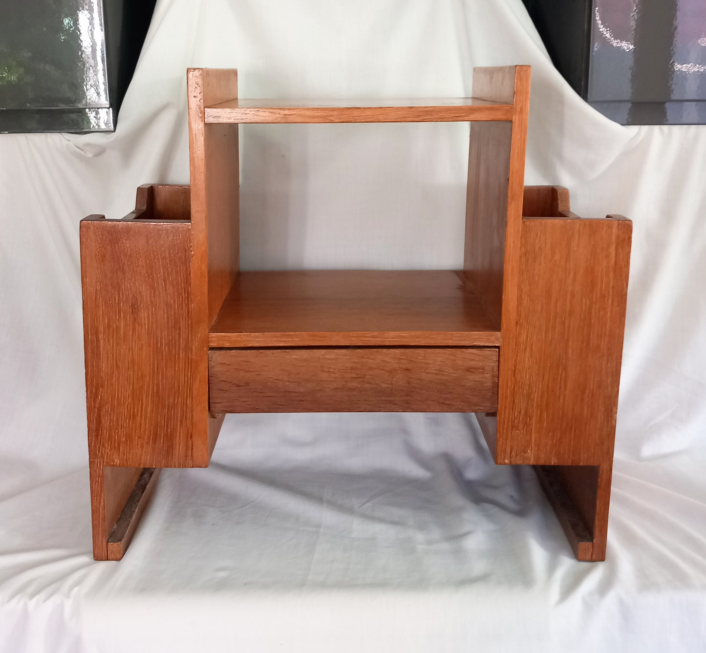 Mid Century real wood coffee table with magazine racks & drawer