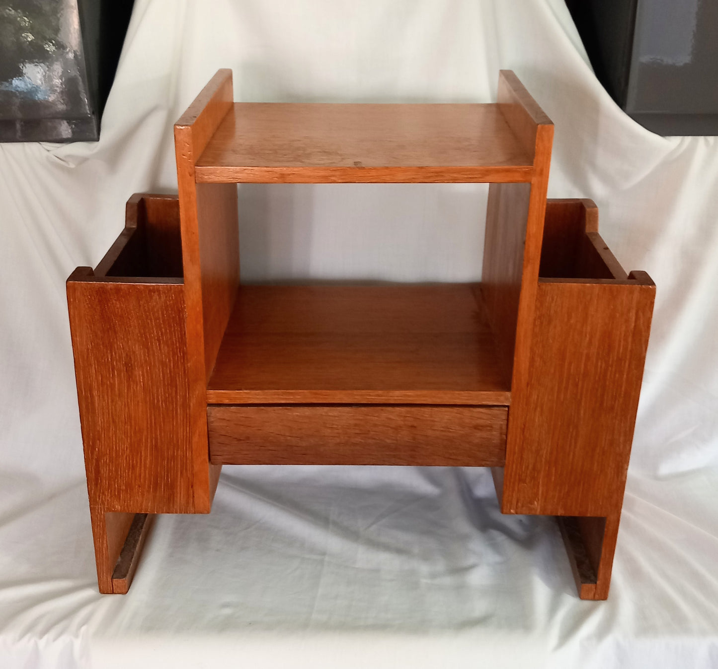 Mid Century real wood coffee table with magazine racks & drawer