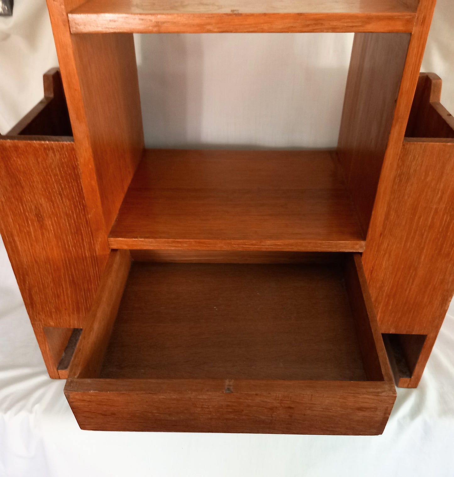Mid Century real wood coffee table with magazine racks & drawer