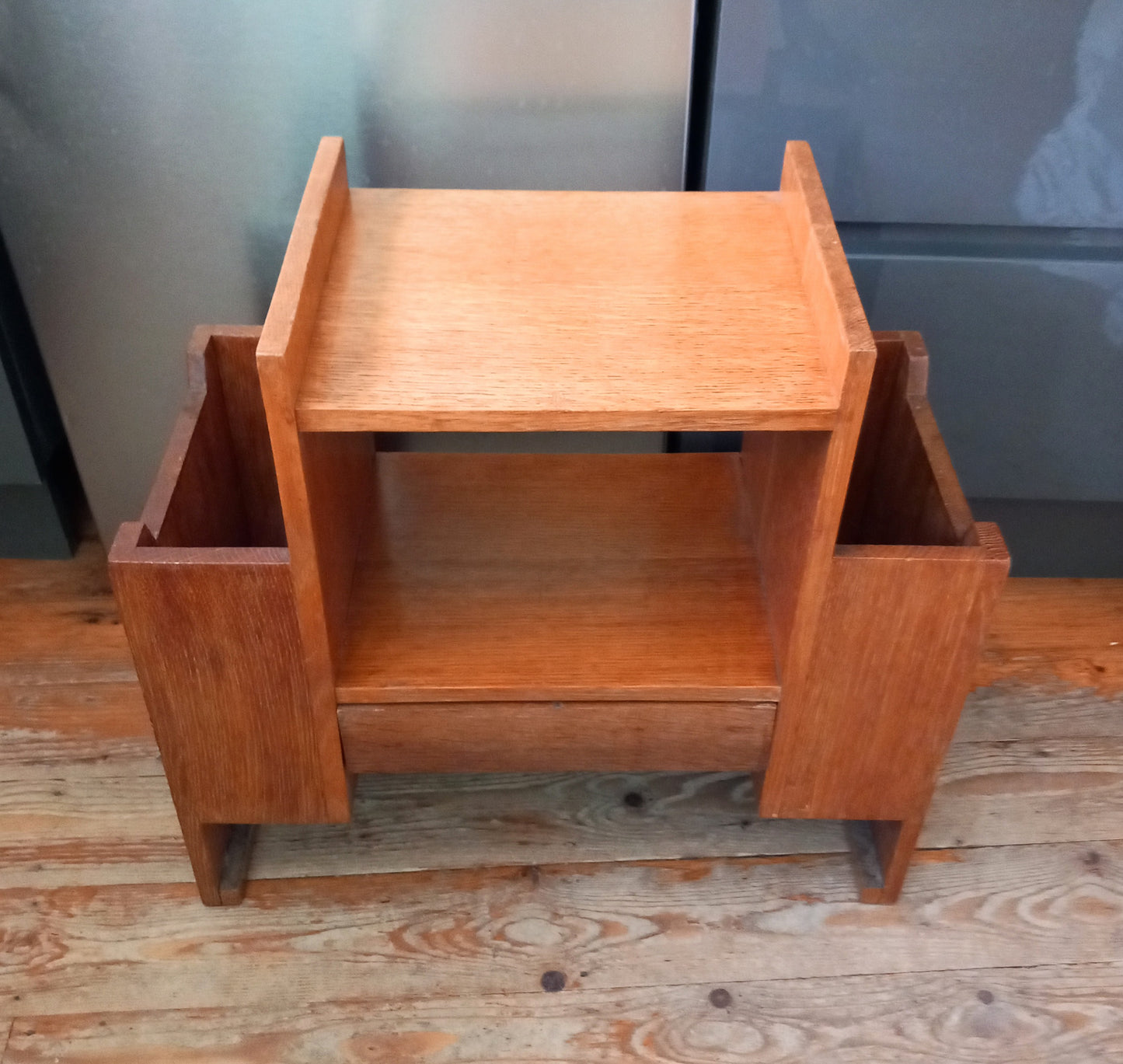Mid Century real wood coffee table with magazine racks & drawer