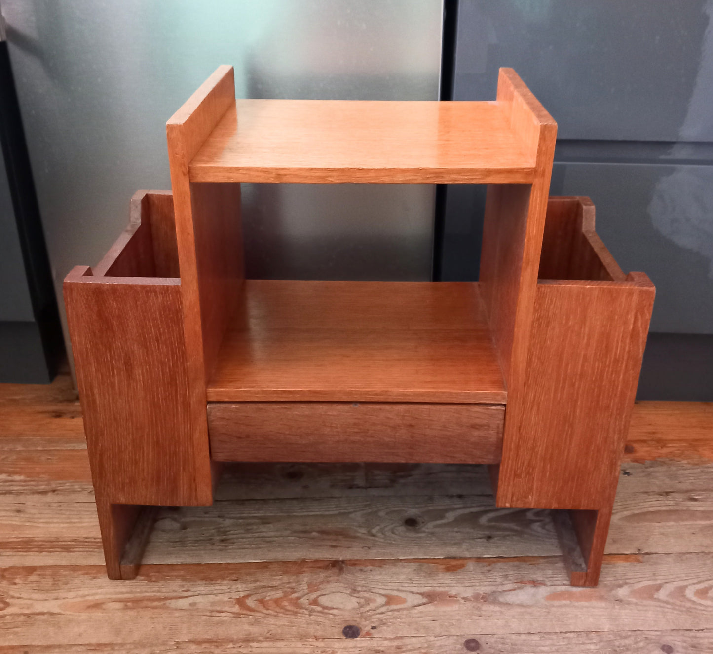 Mid Century real wood coffee table with magazine racks & drawer