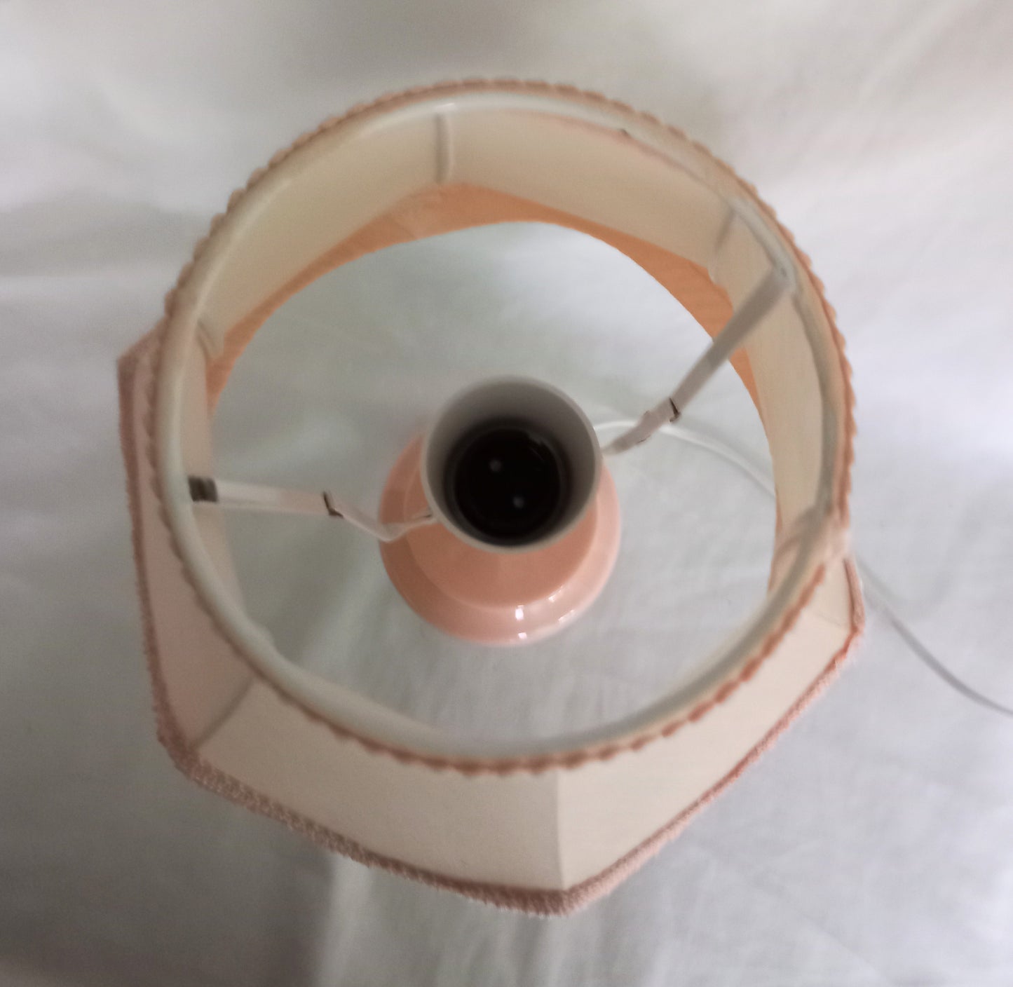 1980s peach orange table lamp with matching fringed shade