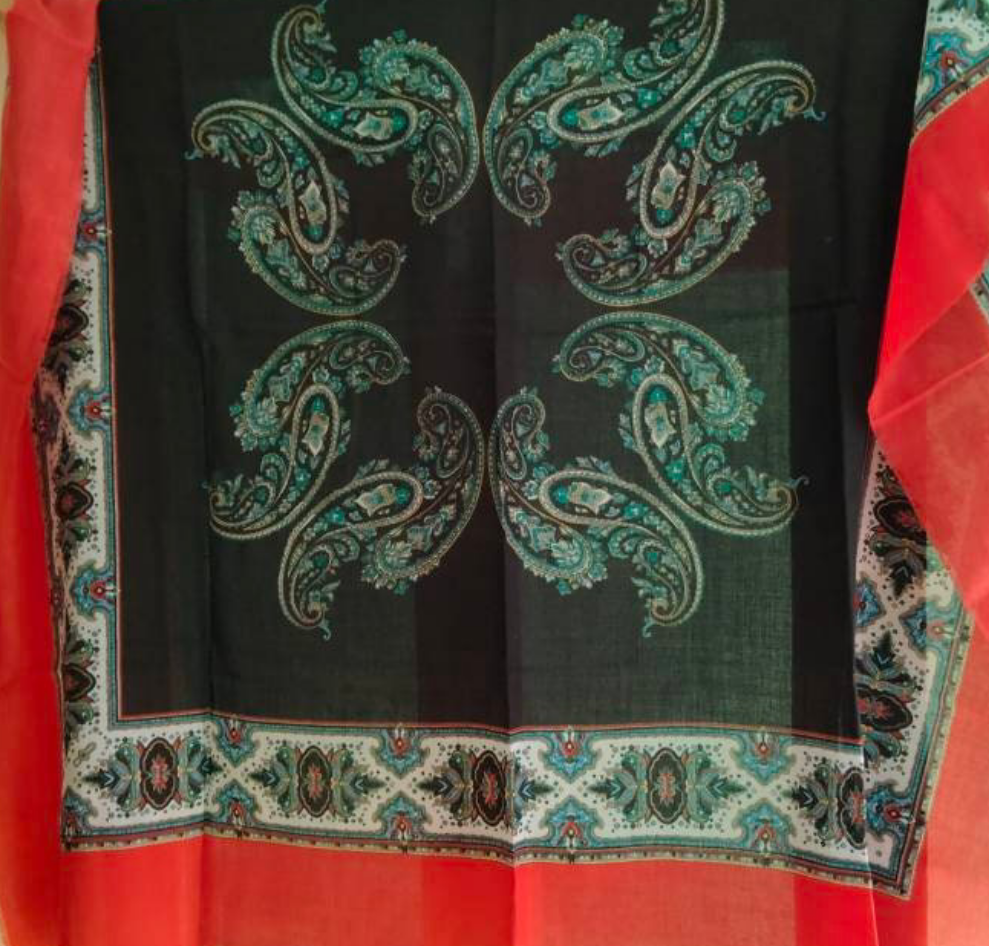 1970s red and black paisley print large square scarf wrap 49"