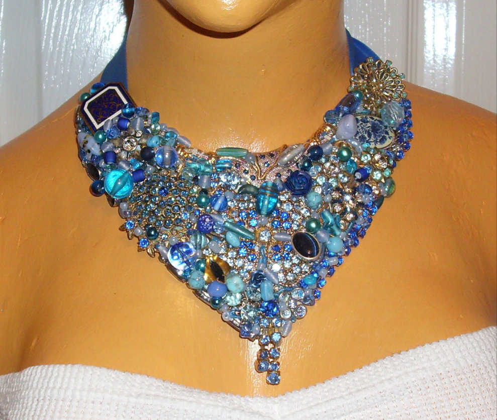 Hand made blue bead and rhinestone statement necklace