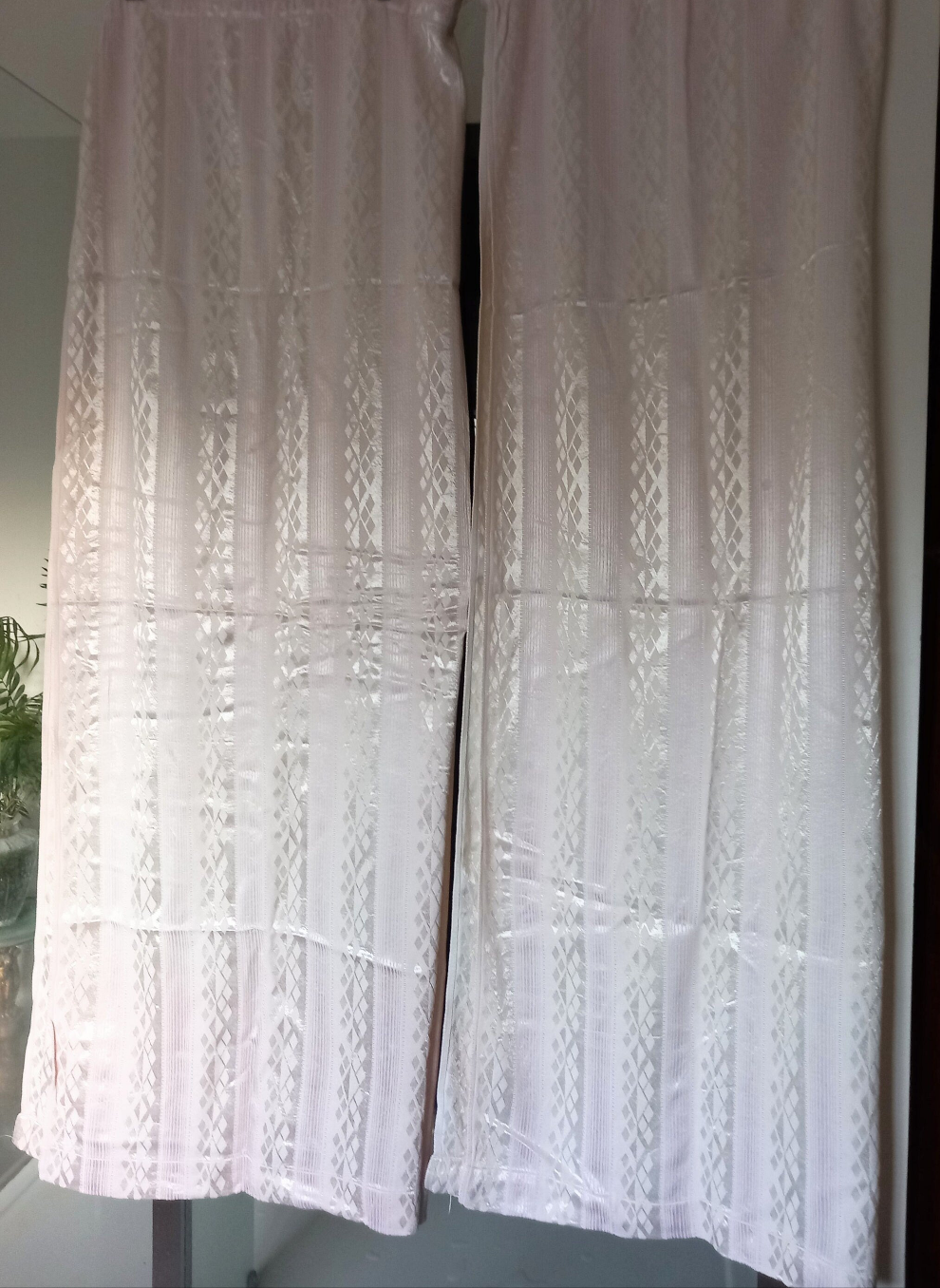 Mid century pair of pale pink satinised stripe curtains 60" long