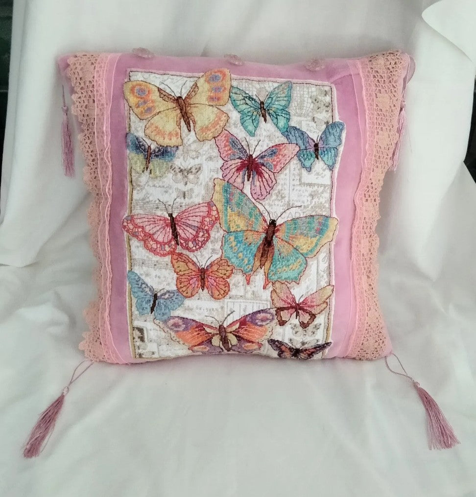 Hand made pink velour & blue butterfly tapestry cross stitch cushion