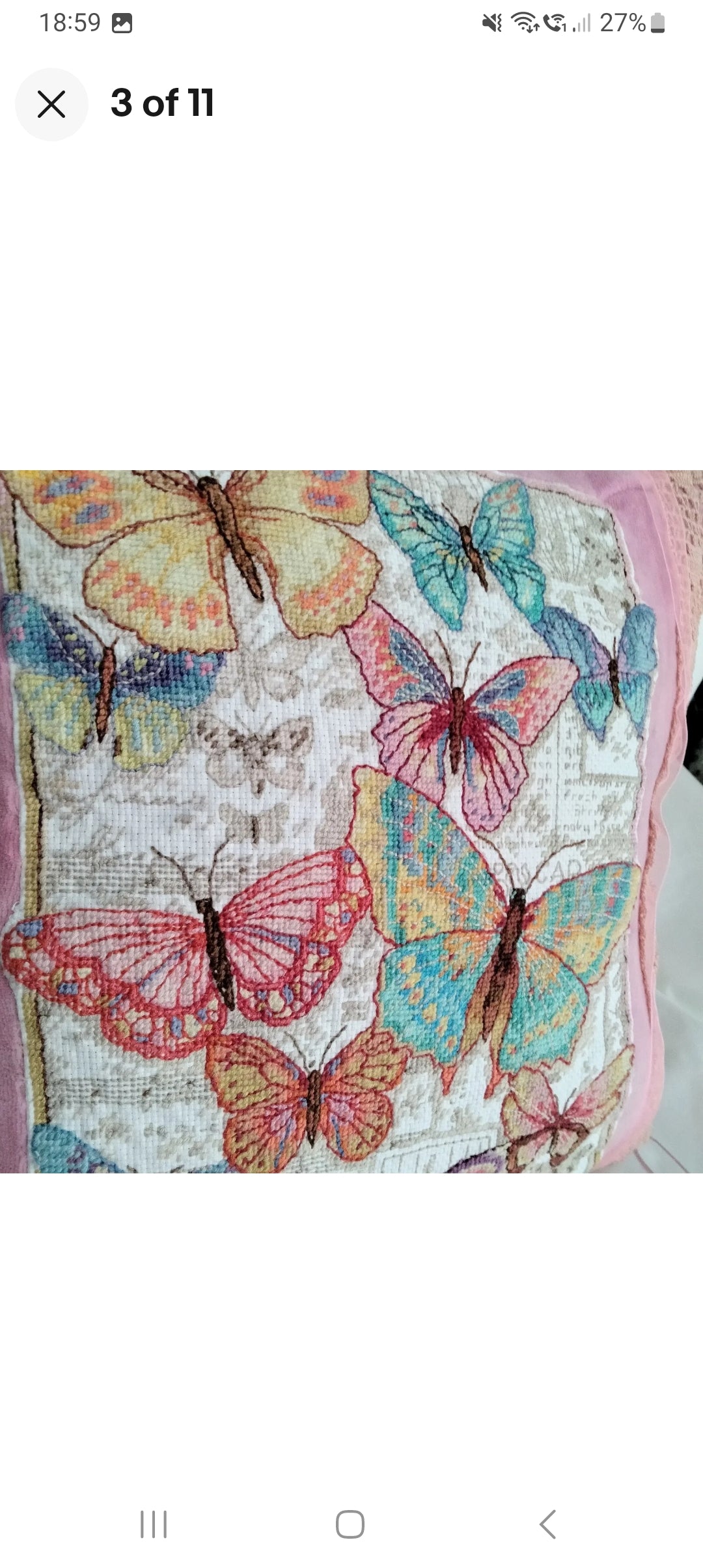 Hand made pink velour & blue butterfly tapestry cross stitch cushion