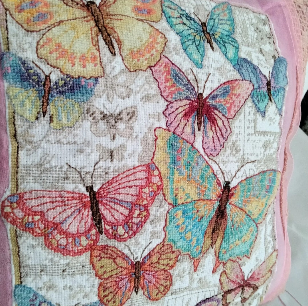 Hand made pink velour & blue butterfly tapestry cross stitch cushion