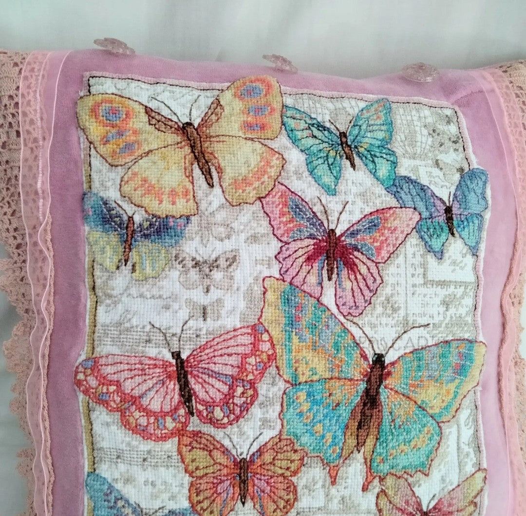 Hand made pink velour & blue butterfly tapestry cross stitch cushion