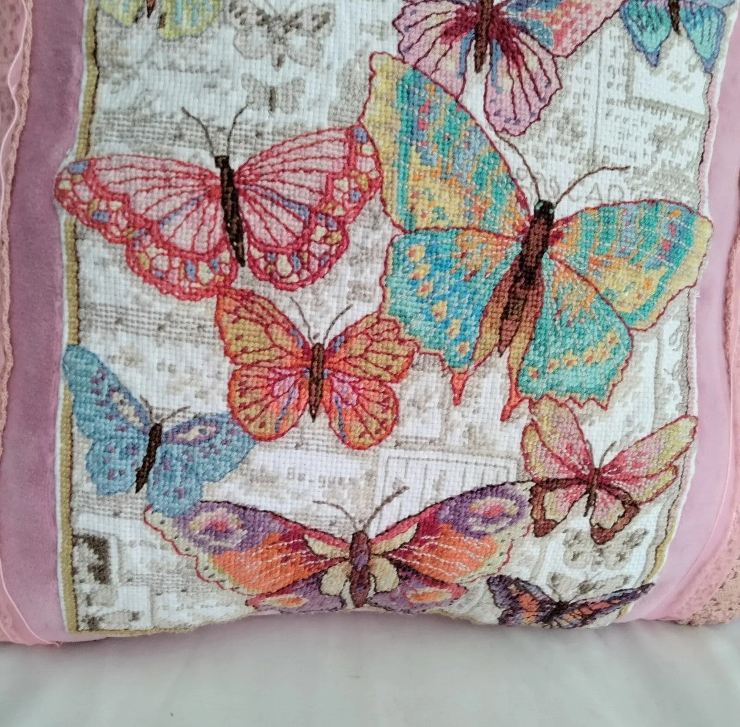 Hand made pink velour & blue butterfly tapestry cross stitch cushion
