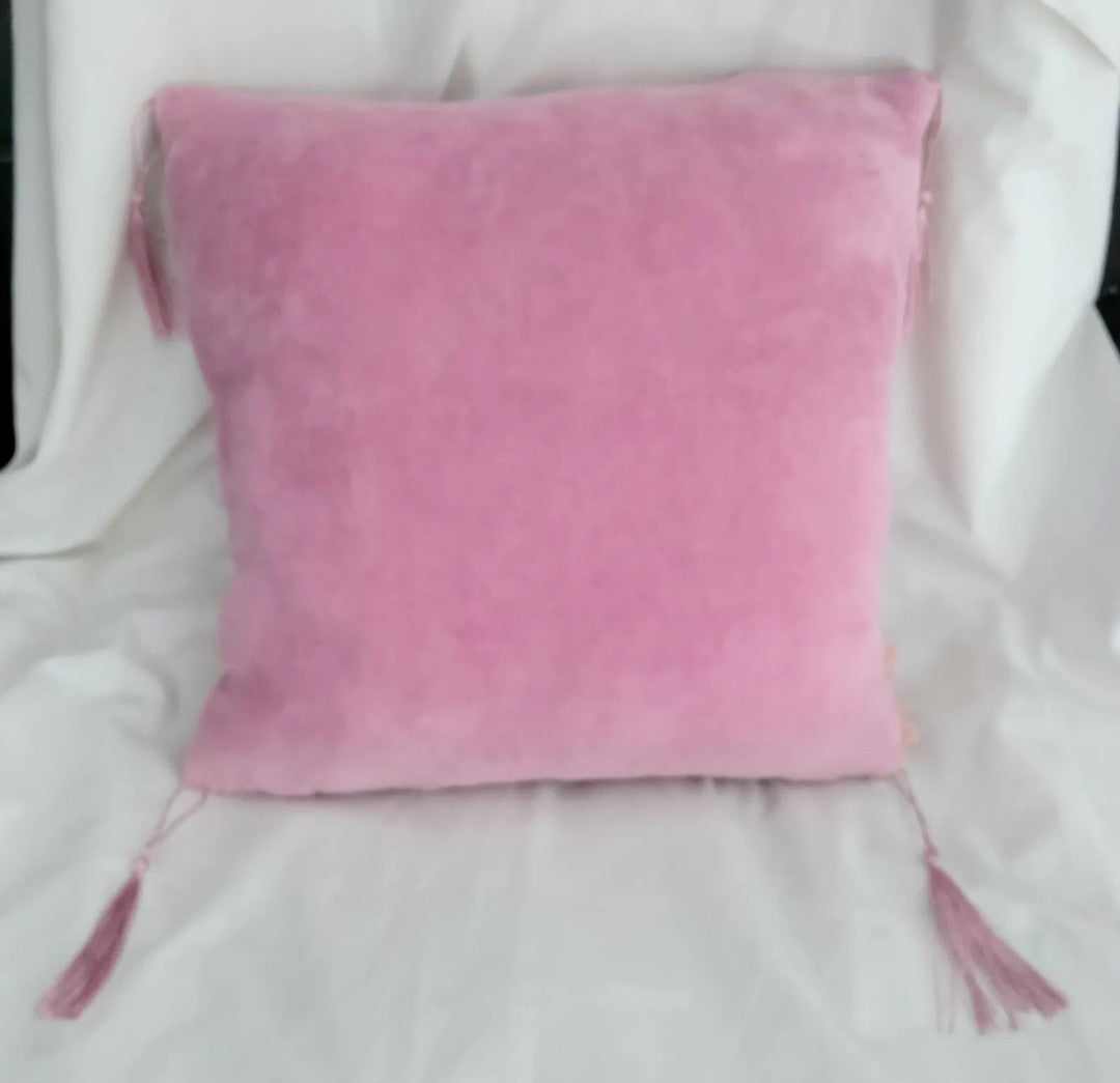Hand made pink velour & blue butterfly tapestry cross stitch cushion