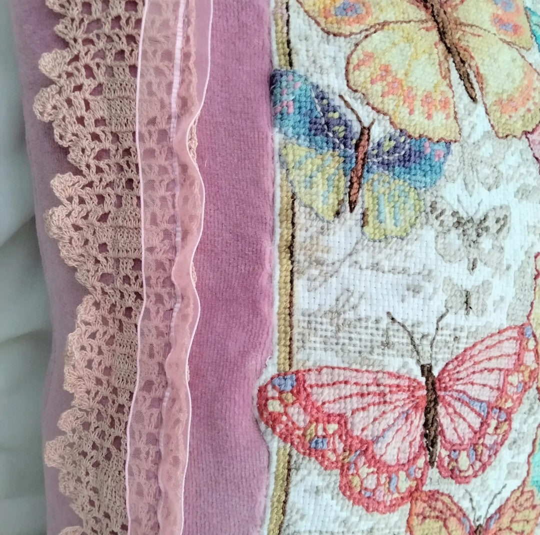 Hand made pink velour & blue butterfly tapestry cross stitch cushion
