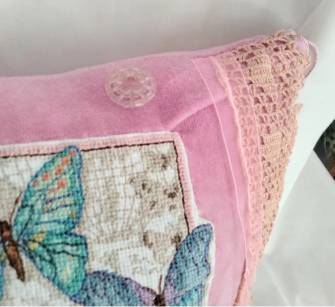 Hand made pink velour & blue butterfly tapestry cross stitch cushion