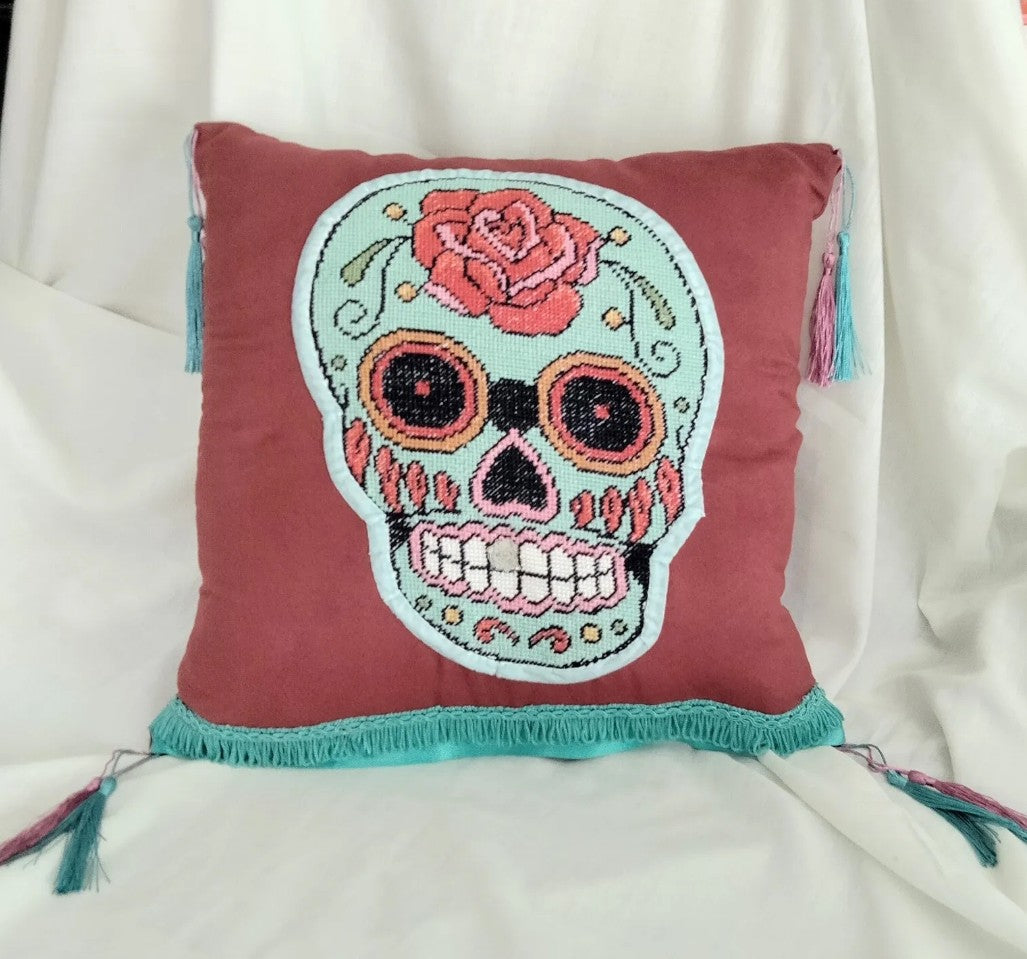 Handmade red suedette & blue sugar skull tapestry cross stitch cushion