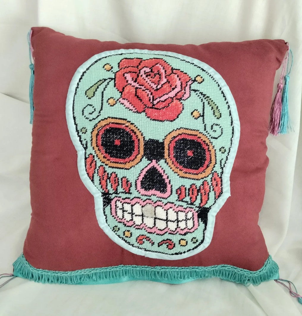 Handmade red suedette & blue sugar skull tapestry cross stitch cushion