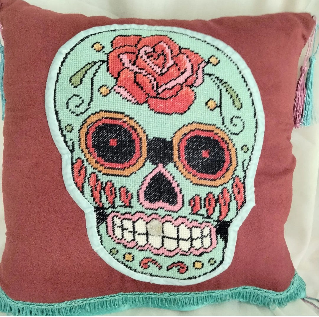 Handmade red suedette & blue sugar skull tapestry cross stitch cushion