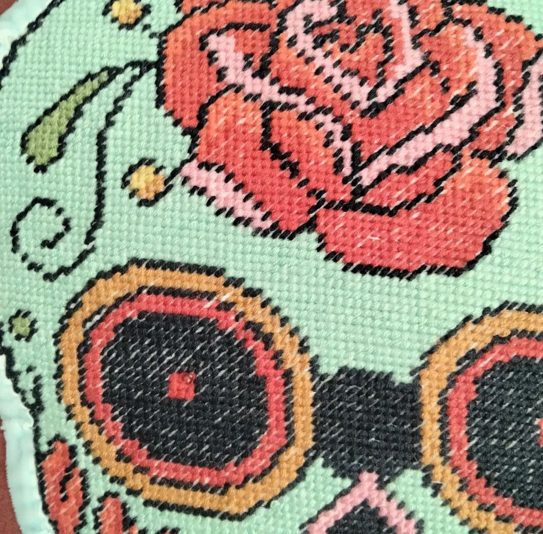 Handmade red suedette & blue sugar skull tapestry cross stitch cushion