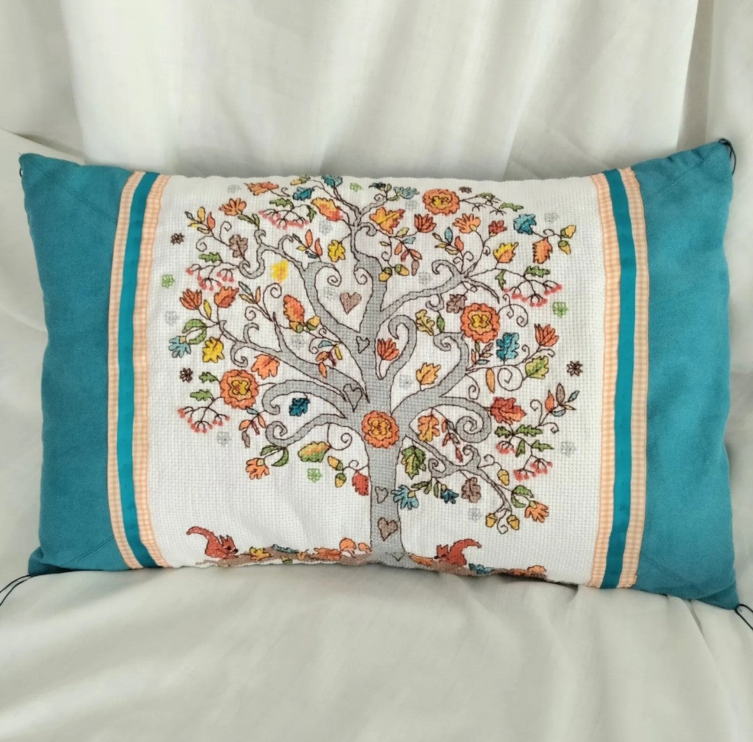 Handmade blue suedette & orange tree tapestry cross stitch cushion