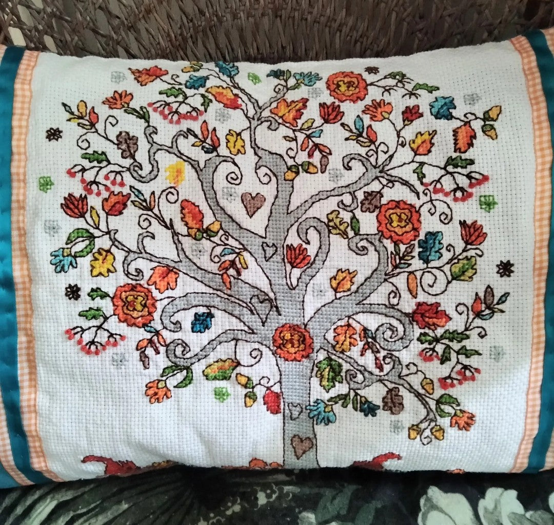 Handmade blue suedette & orange tree tapestry cross stitch cushion