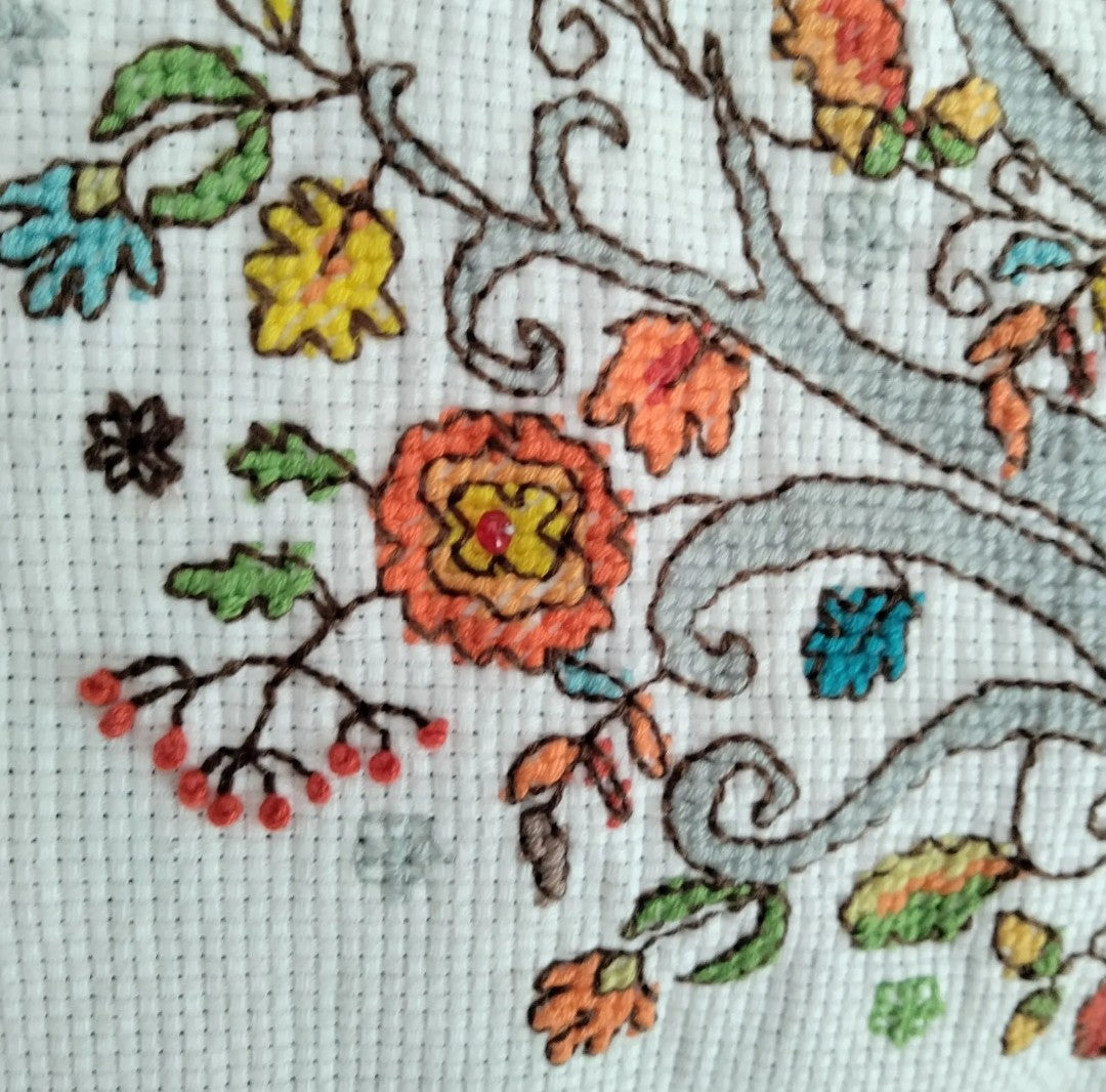 Handmade blue suedette & orange tree tapestry cross stitch cushion