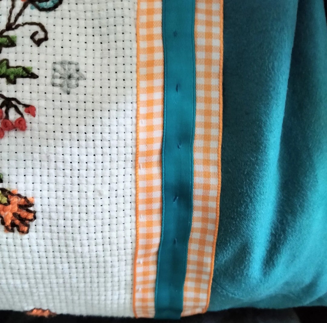 Handmade blue suedette & orange tree tapestry cross stitch cushion