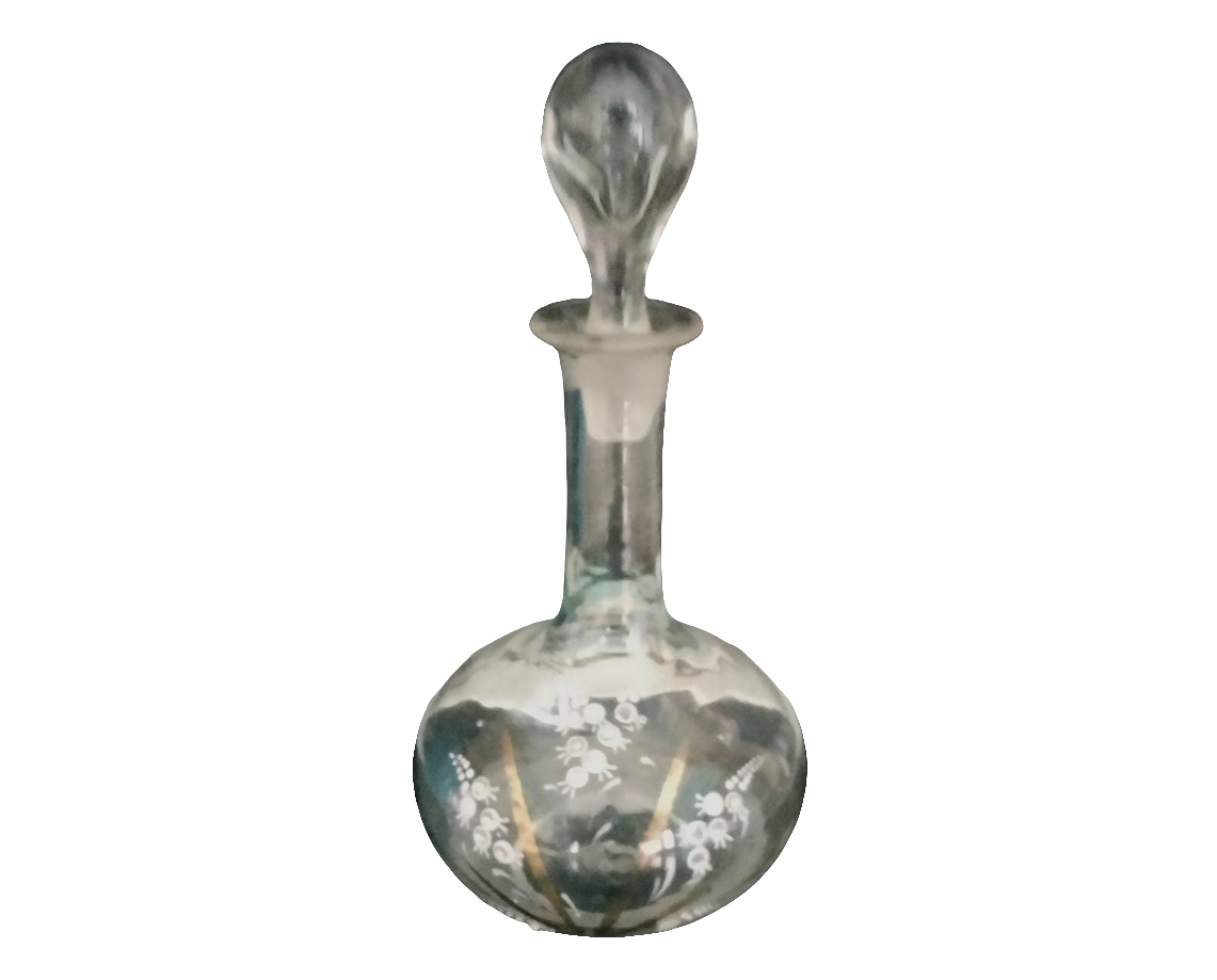 Edwardian hand blown Bohemian glass decanter with white & gold enamel decoration