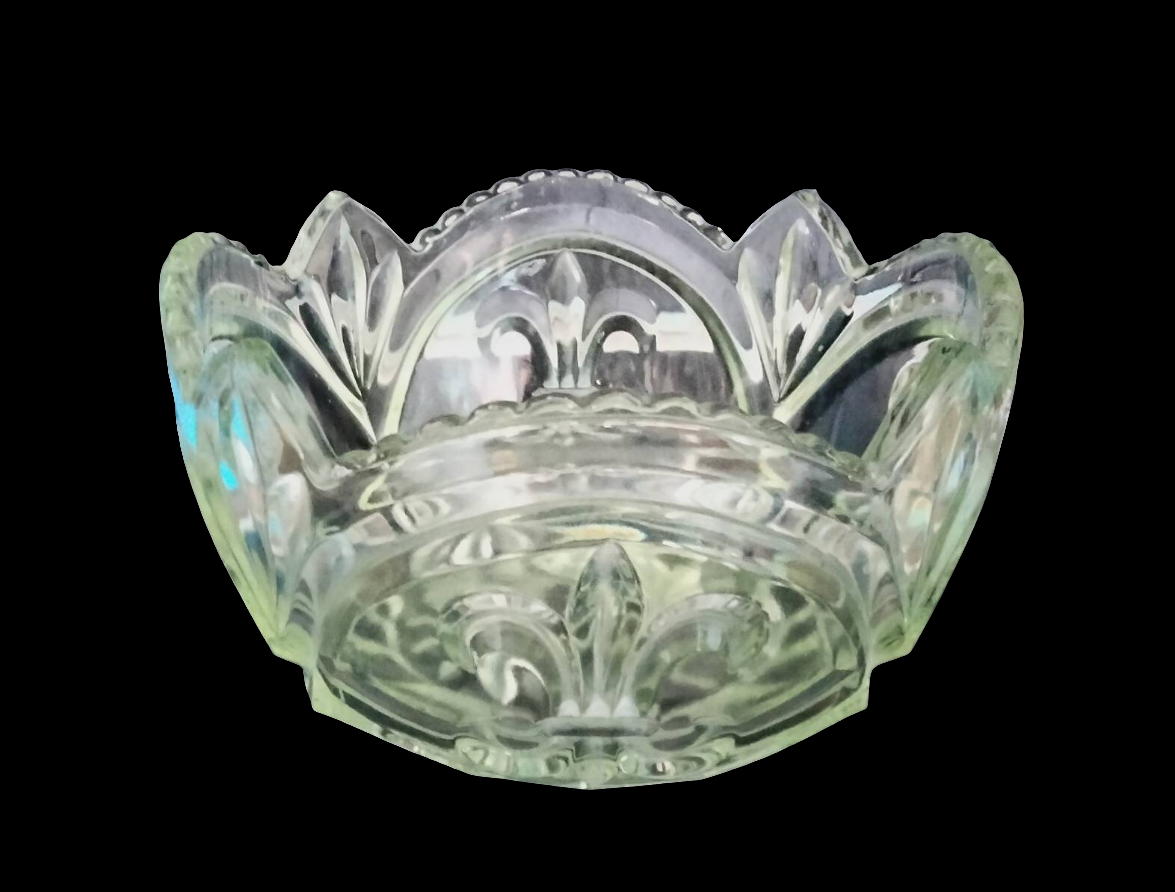 C1950s heavy pressed clear glass fruit bowl with Fleur de Lys pattern