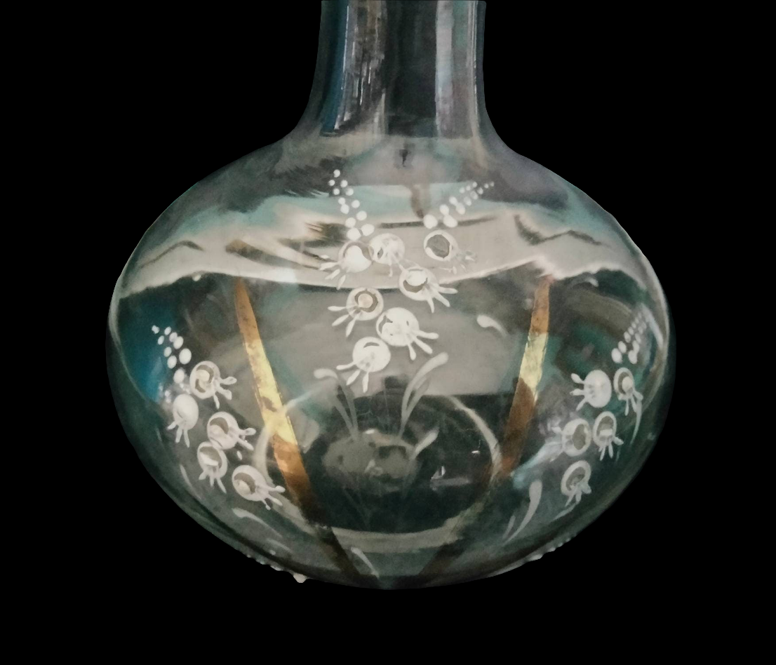 Edwardian hand blown Bohemian glass decanter with white & gold enamel decoration