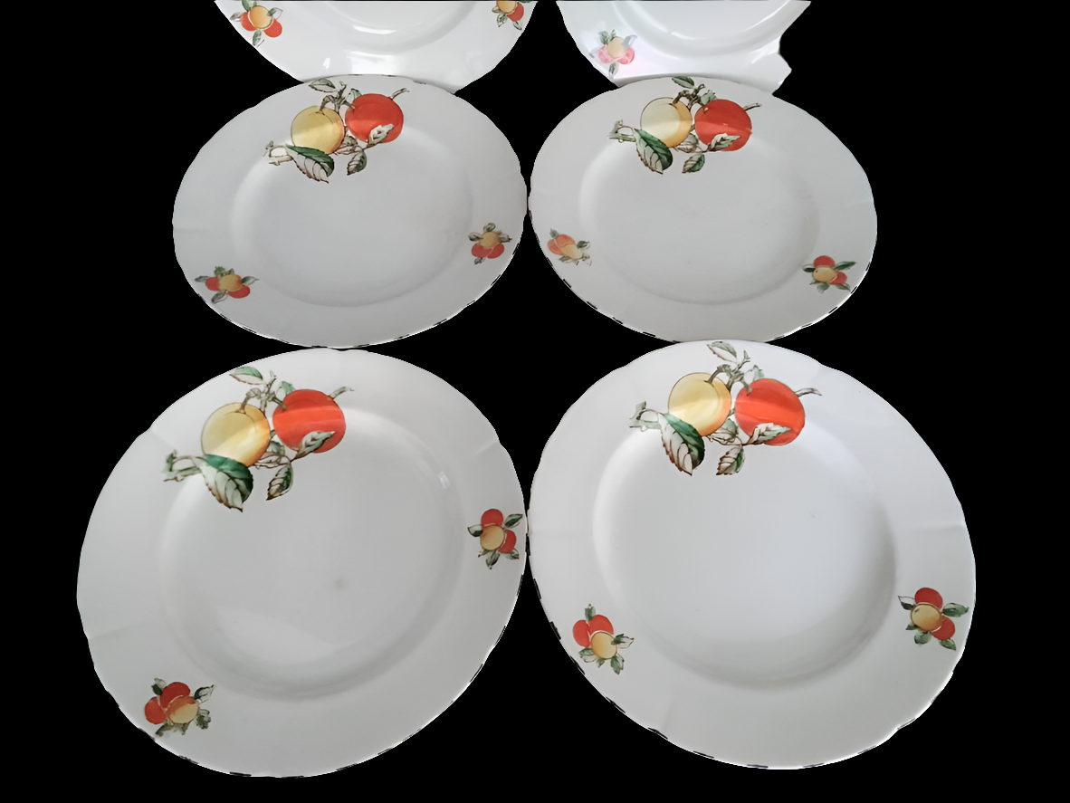 Set of 6 art deco hand painted Green & Co Gresley fruit pattern 9" dinner plates