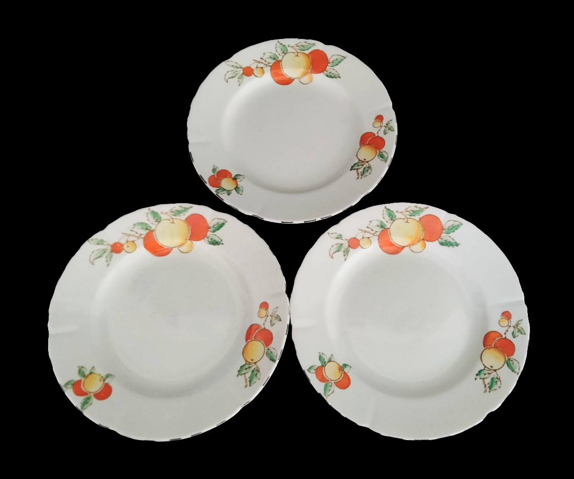 Set of 3 art deco hand painted TG Green fruit pattern 7" side plates