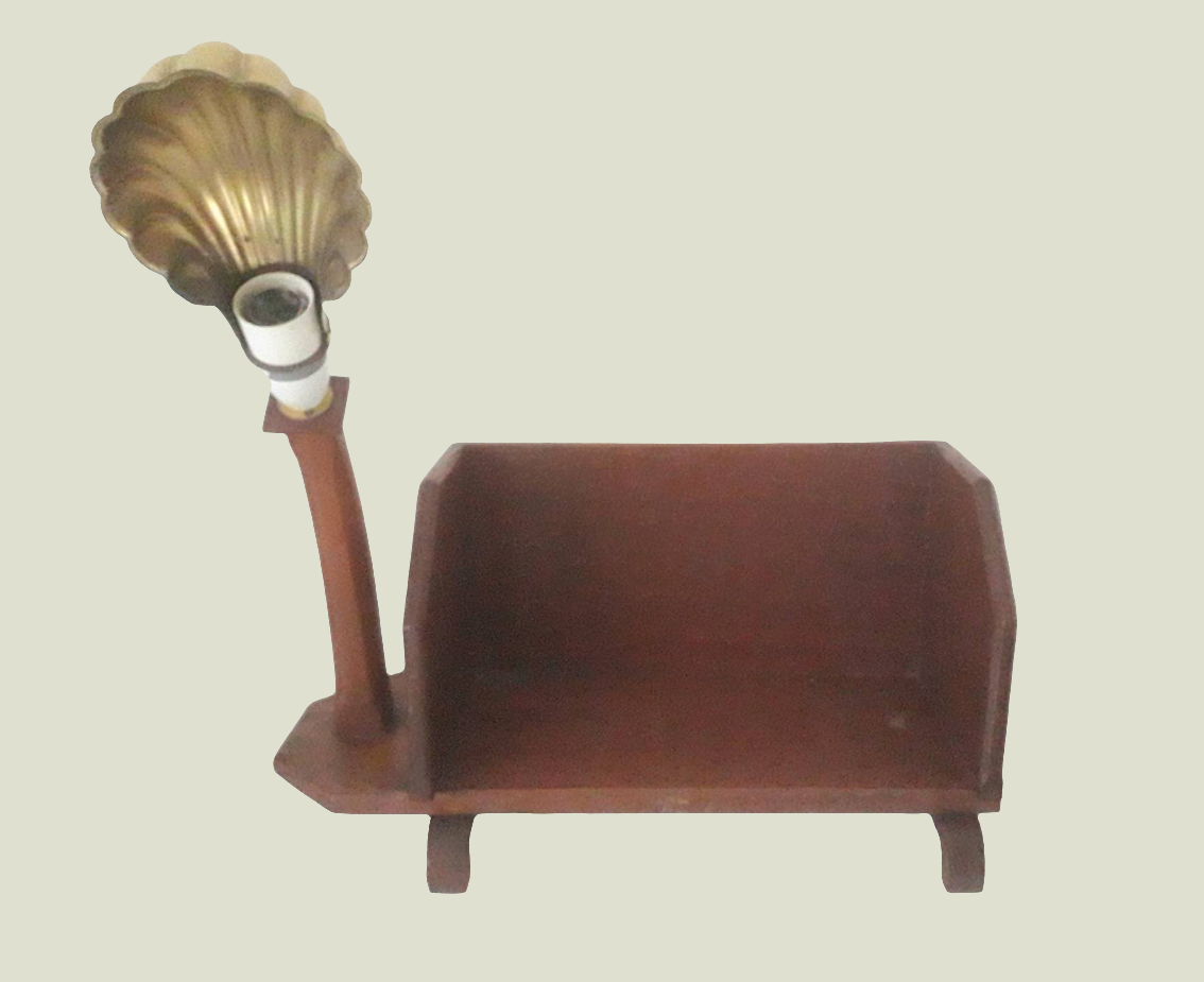 Wooden bookstand lamp with brass metal scallop shell light shade