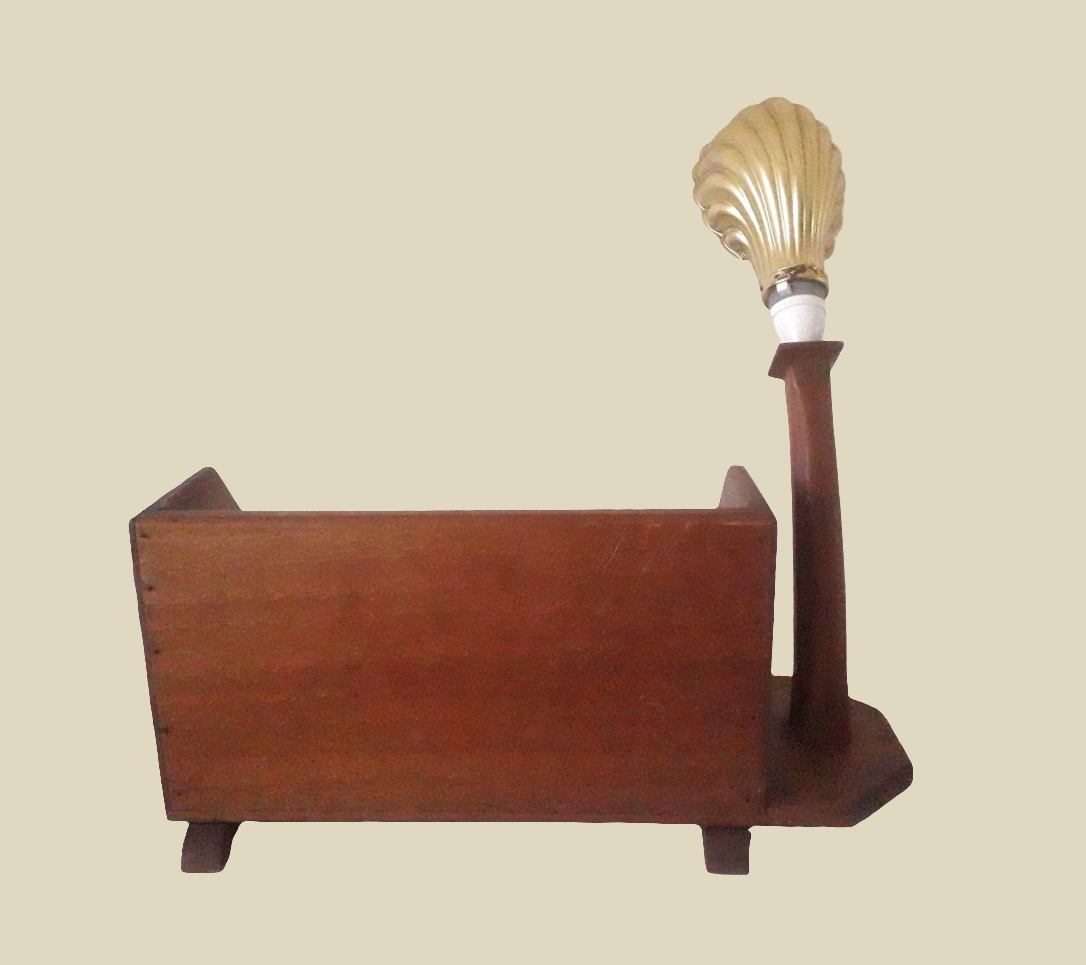 Wooden bookstand lamp with brass metal scallop shell light shade