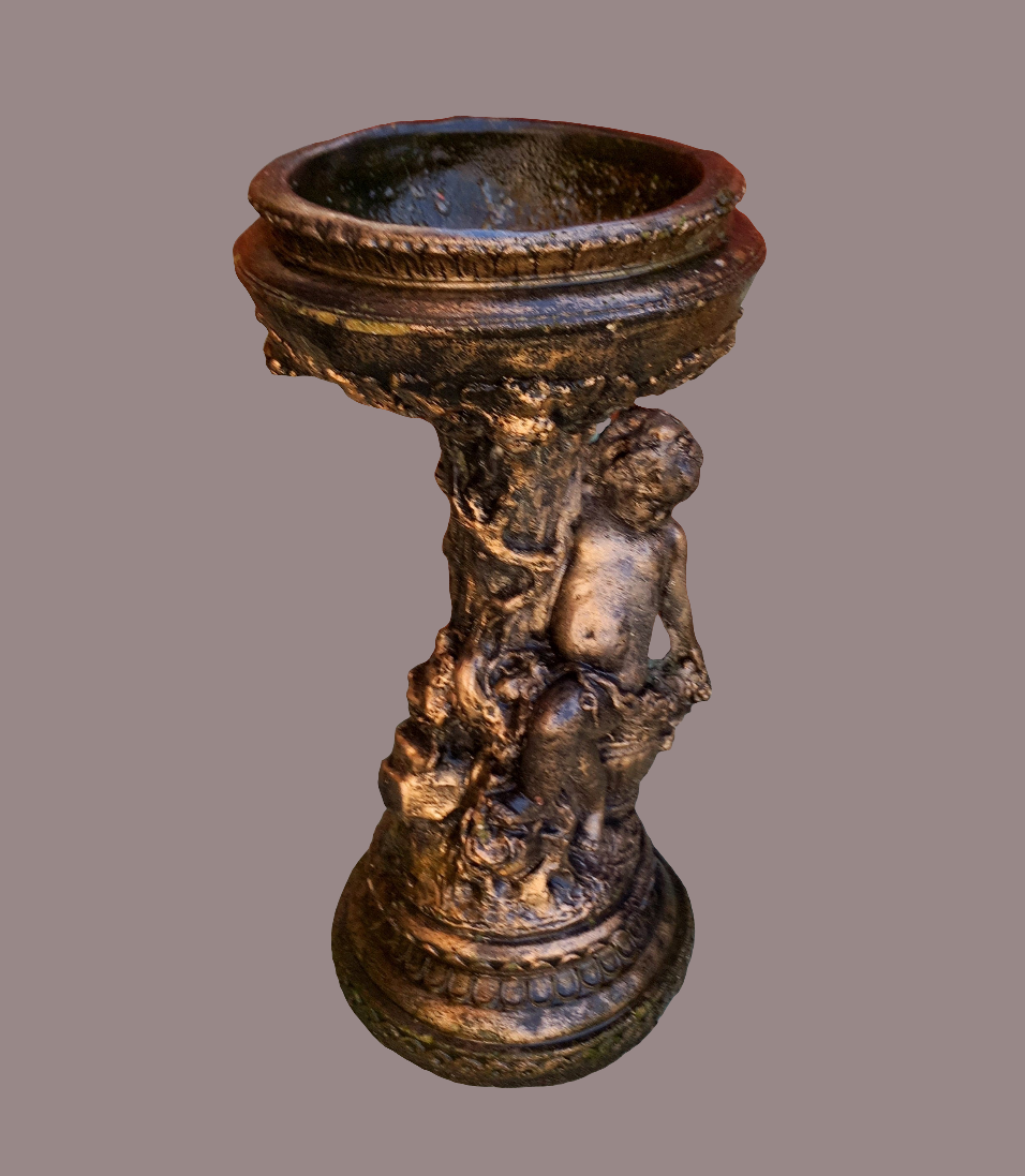 Black & gold cherub concrete bird bath garden ornament