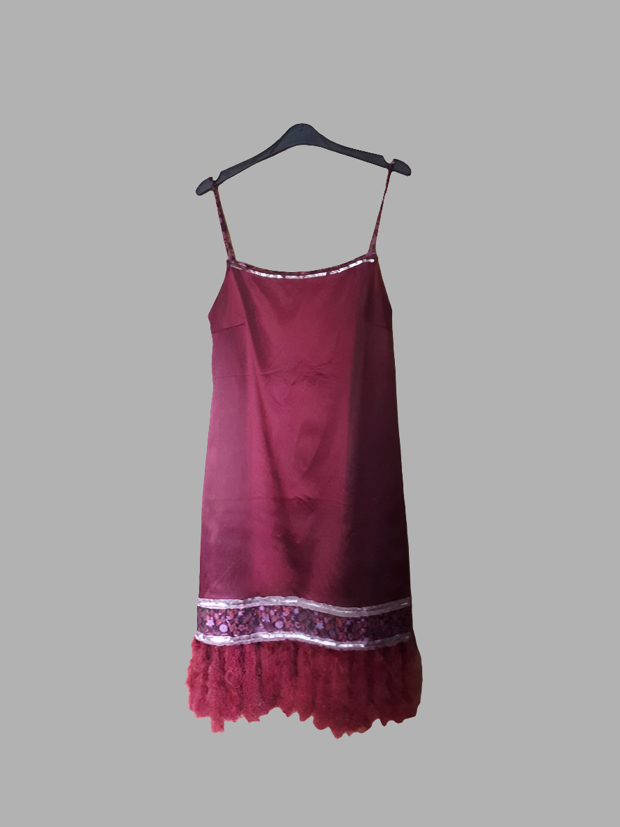 Vintage millennium year 2000 special edition Lulu Paris dress 12 14 wine red satin sequin and maribou trim art deco 20s great gatsby