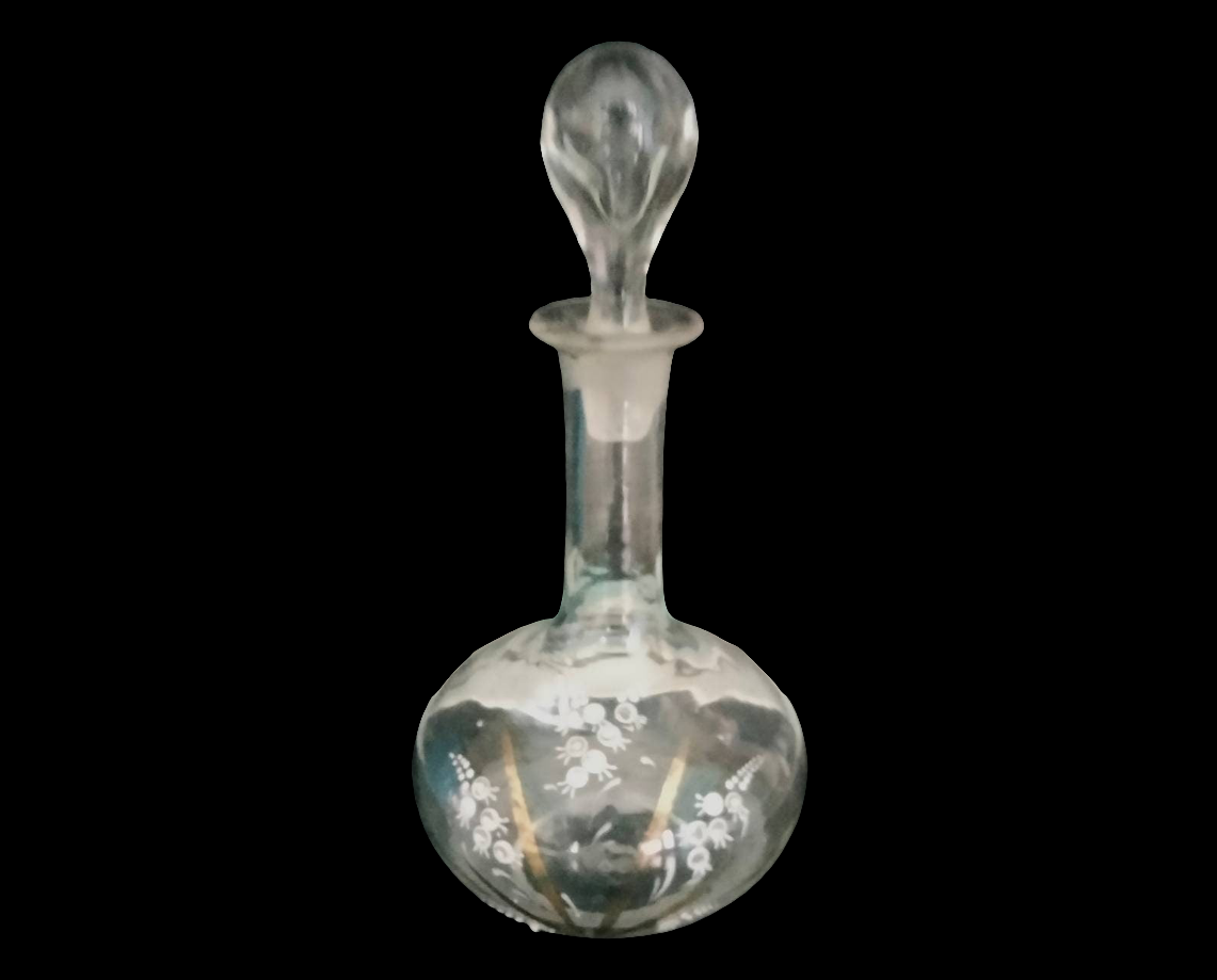 Edwardian hand blown Bohemian glass decanter with white & gold enamel decoration