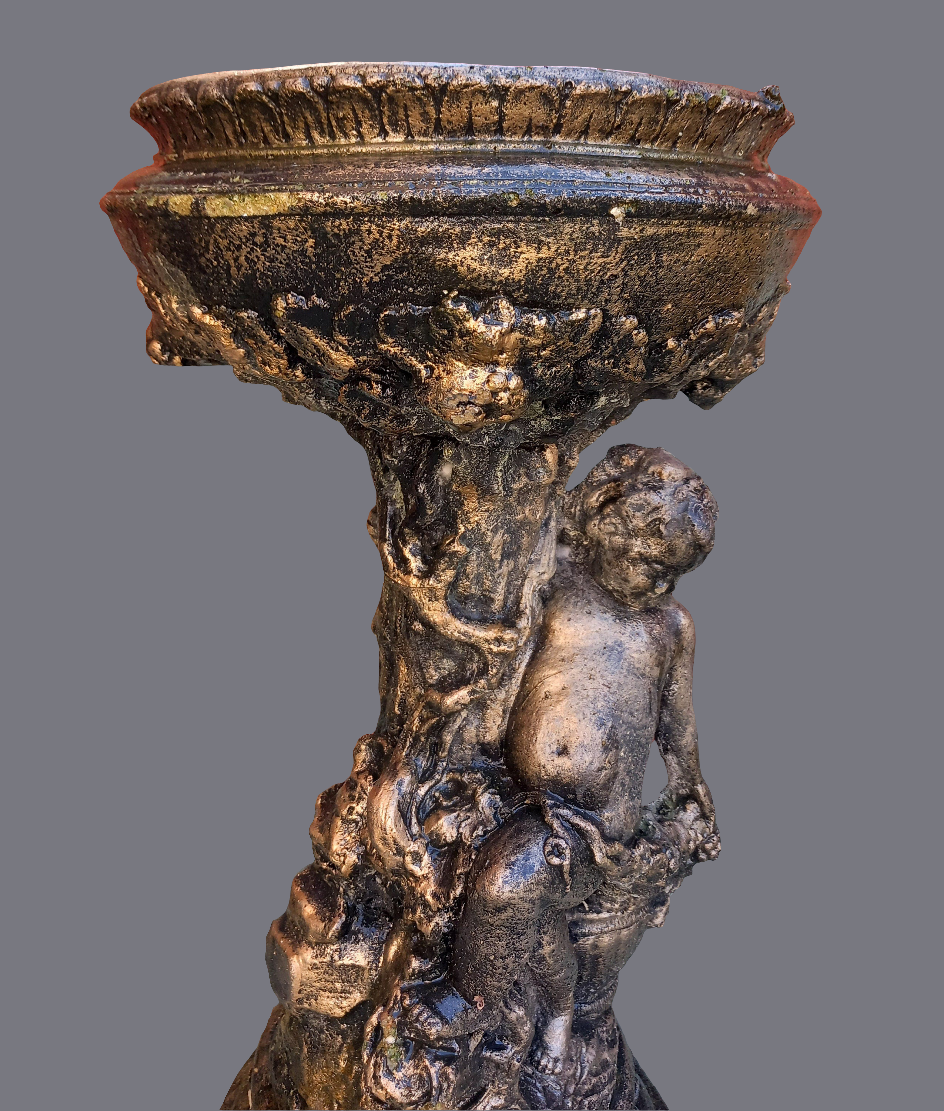 Black & gold cherub concrete bird bath garden ornament