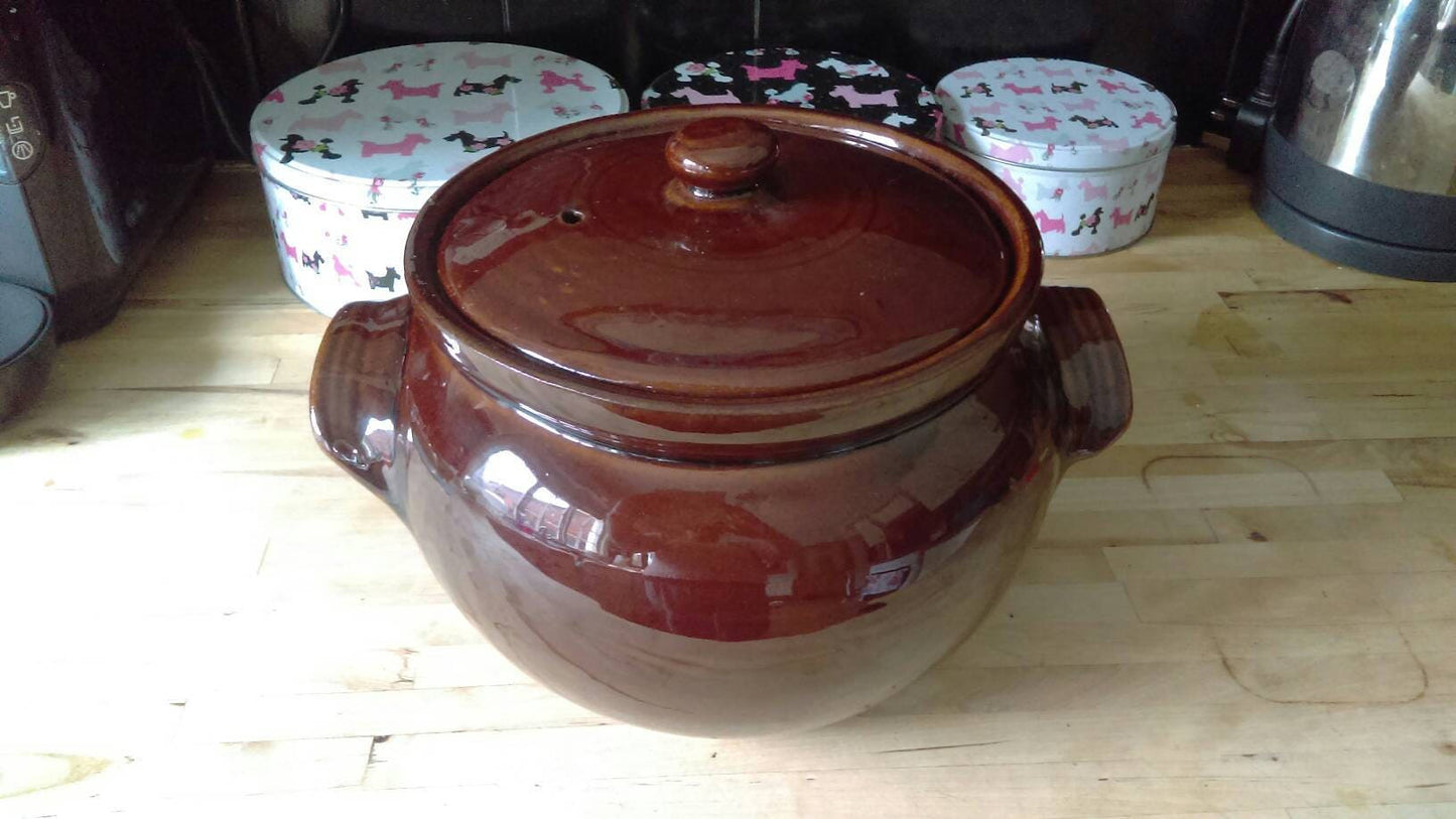 Large brown salt glazed stoneware lidded casserole pot