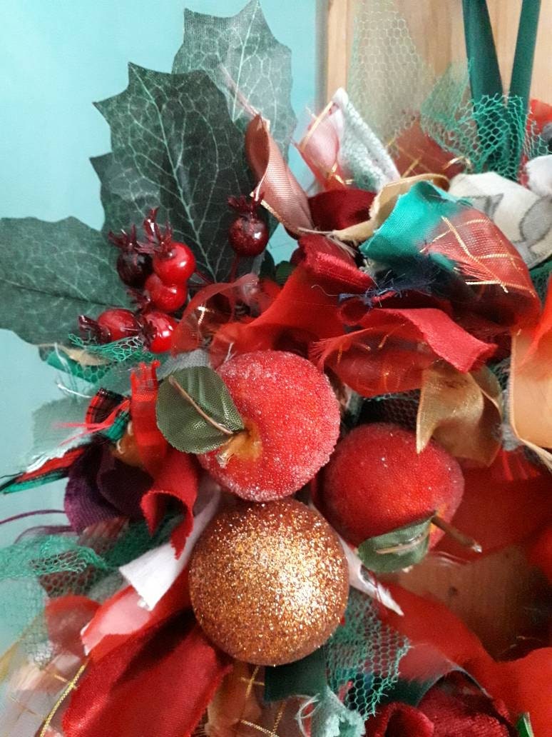 Hand made winter red, green & gold rag wreath with robin, holly and baubles