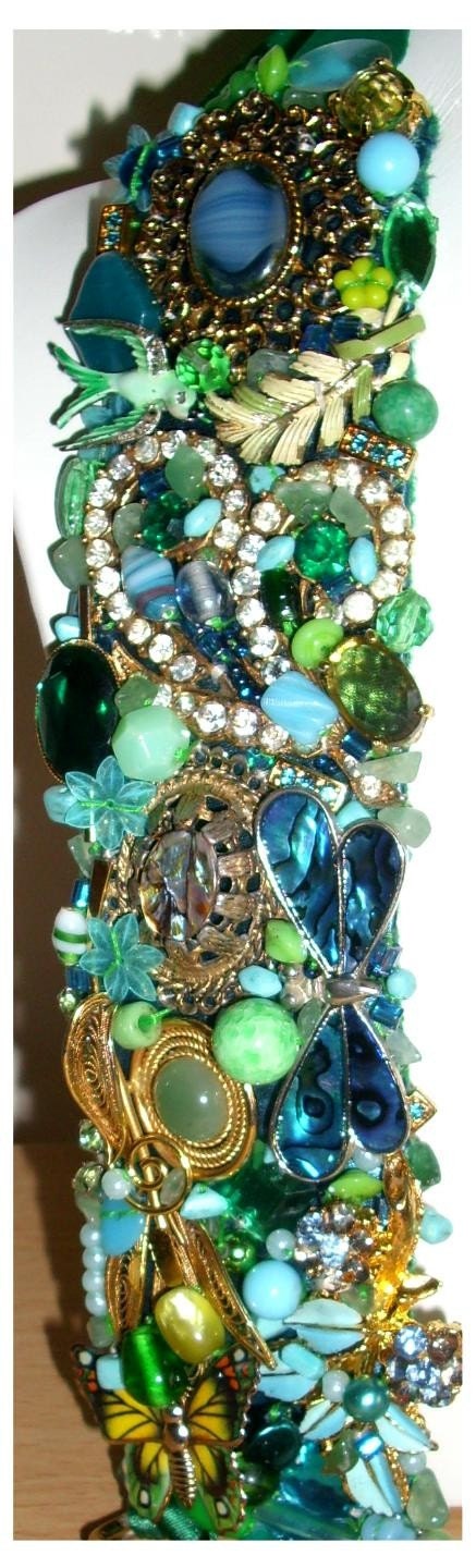 Hand made green & blue rhinestone and beaded statement necklace
