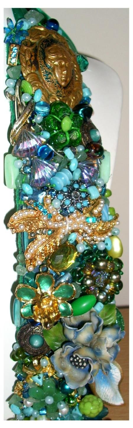 Hand made green & blue rhinestone and beaded statement necklace