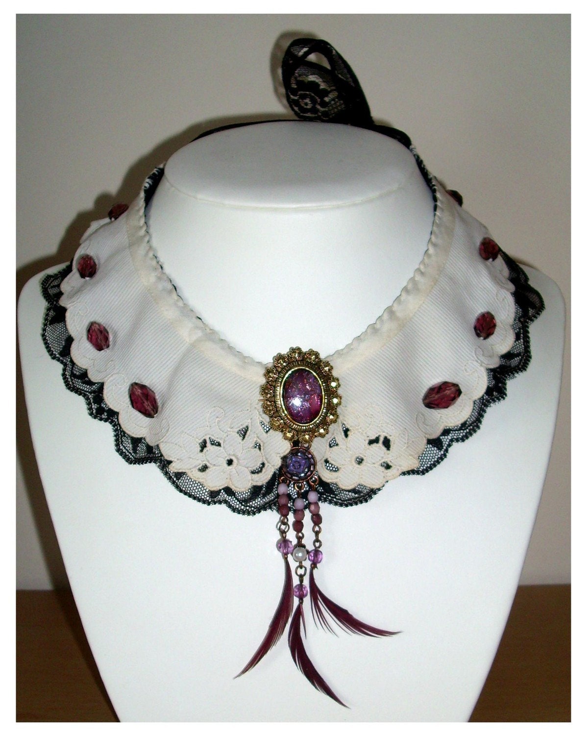 Hand made purple crystal peter pan collar necklace with detachable brooch