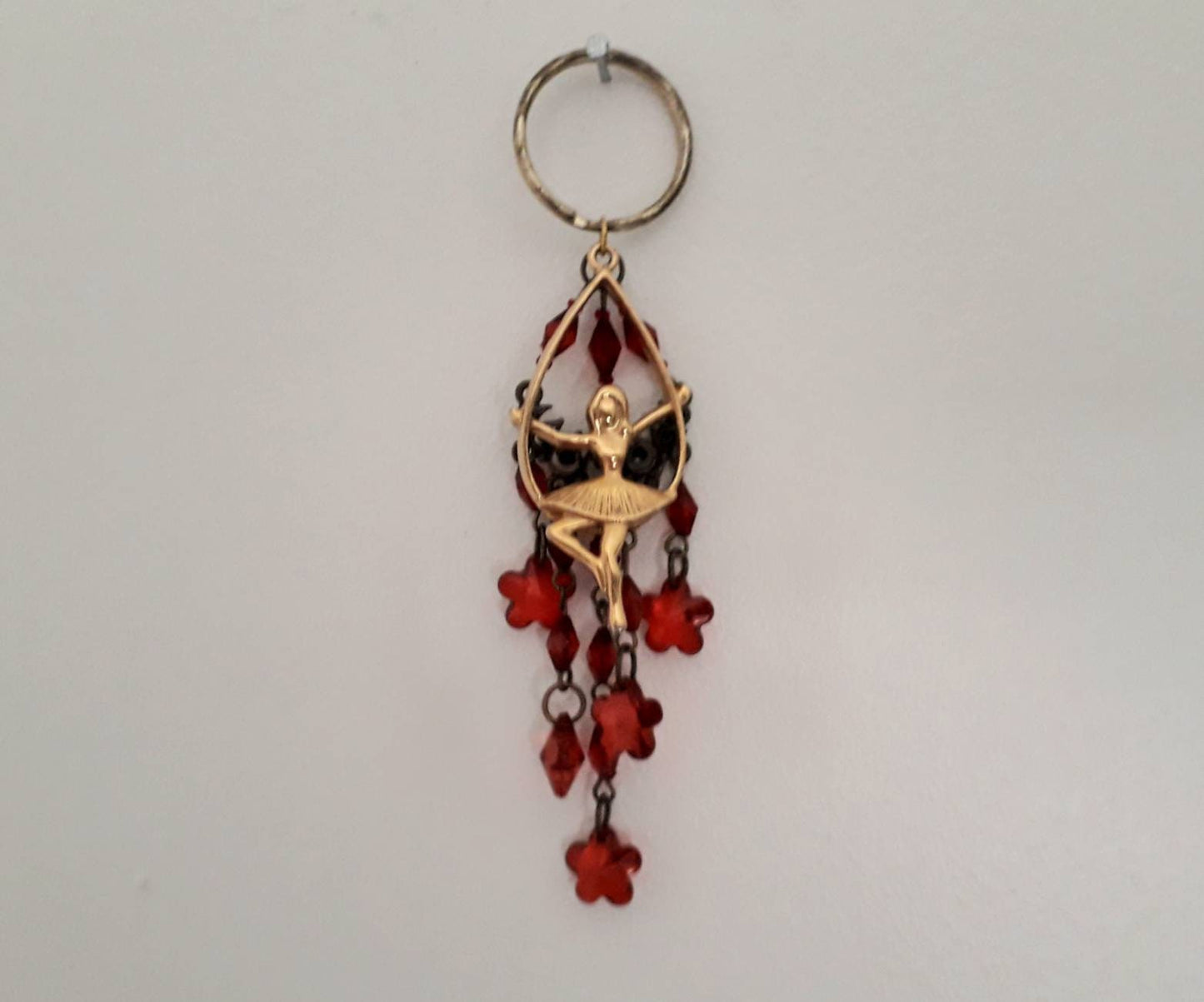 Hand made bag charm keyring with goldtone ballerina and red flower beads