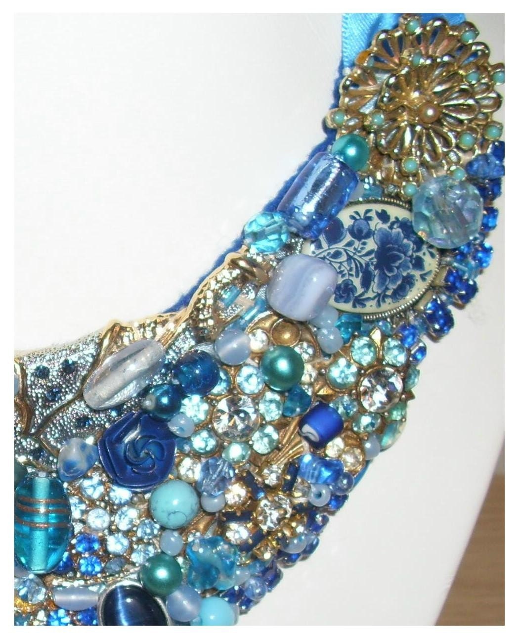 Hand made blue bead and rhinestone statement necklace