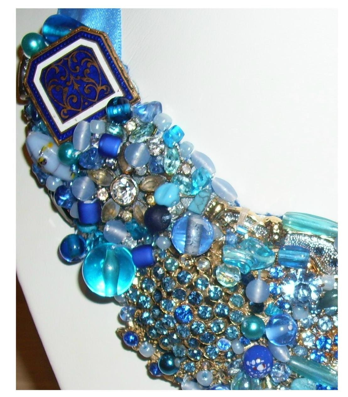 Hand made blue bead and rhinestone statement necklace