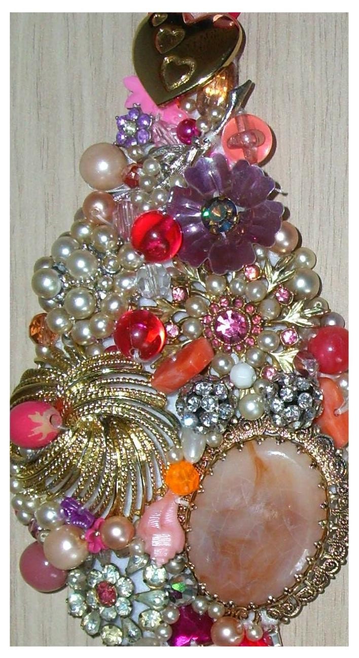 Pink and white rhinestone and beaded assemblage statement necklace