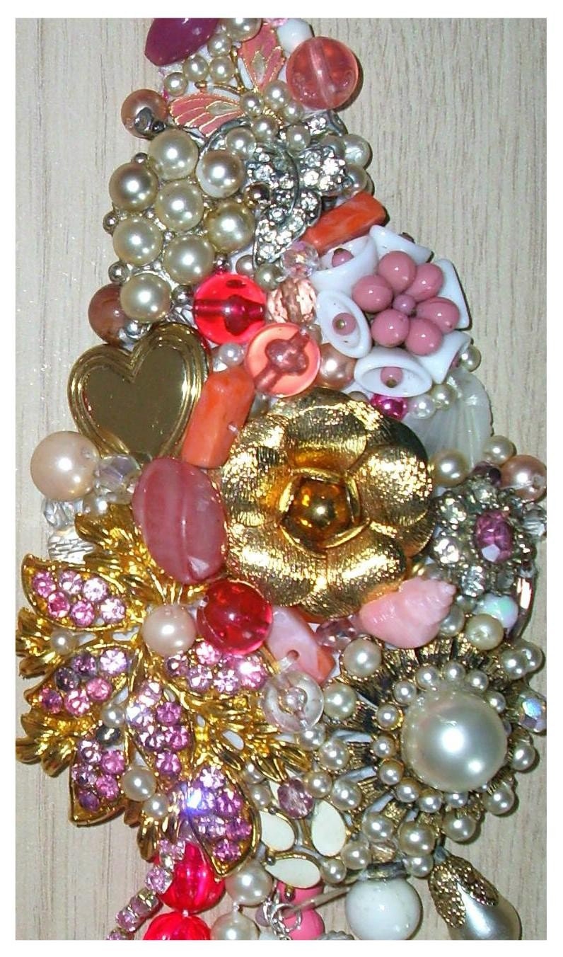 Pink and white rhinestone and beaded assemblage statement necklace