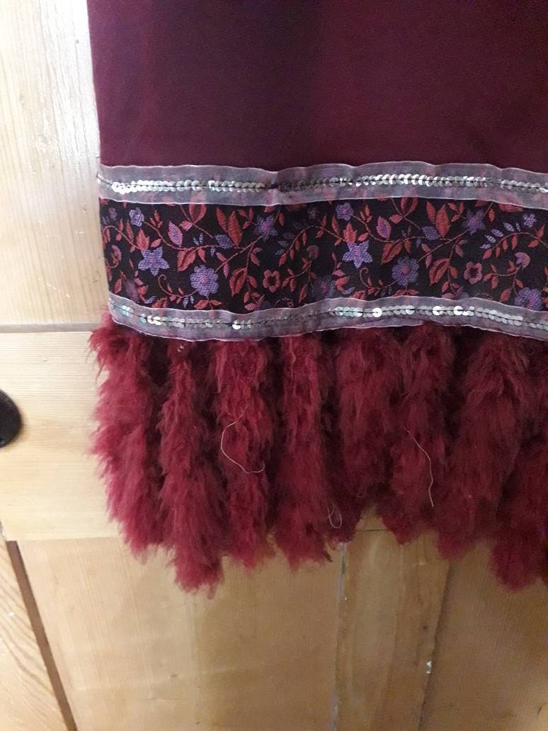 Vintage millennium year 2000 special edition Lulu Paris dress 12 14 wine red satin sequin and maribou trim art deco 20s great gatsby