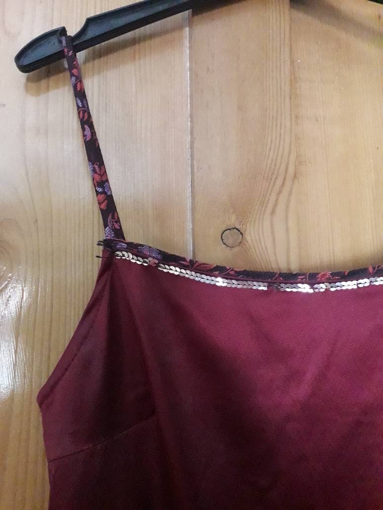 Vintage millennium year 2000 special edition Lulu Paris dress 12 14 wine red satin sequin and maribou trim art deco 20s great gatsby