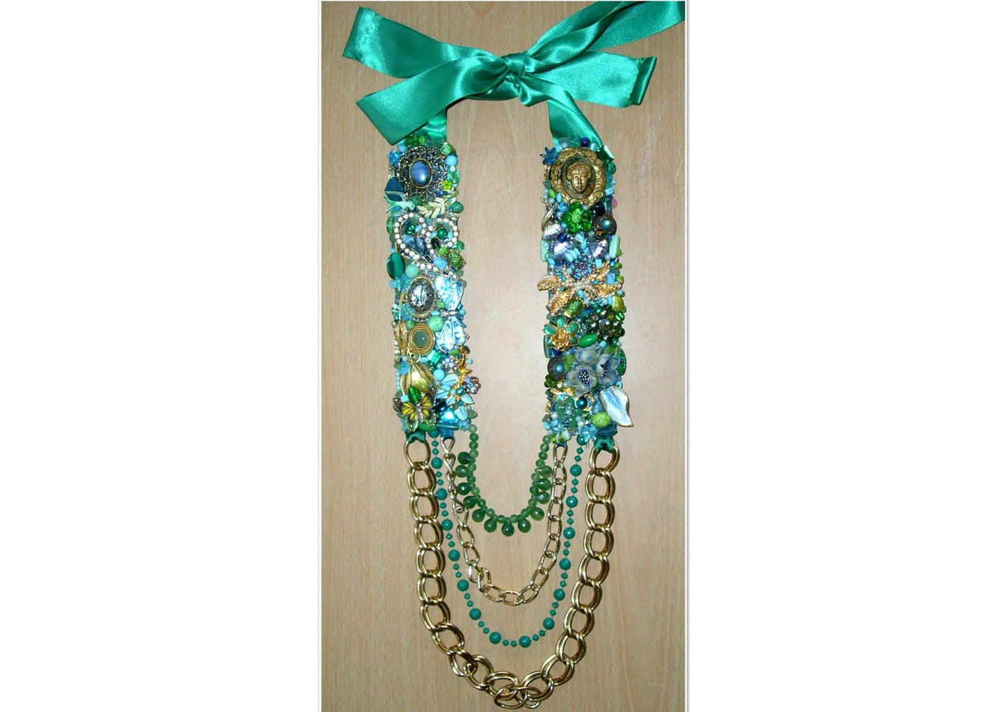 Hand made green & blue rhinestone and beaded statement necklace