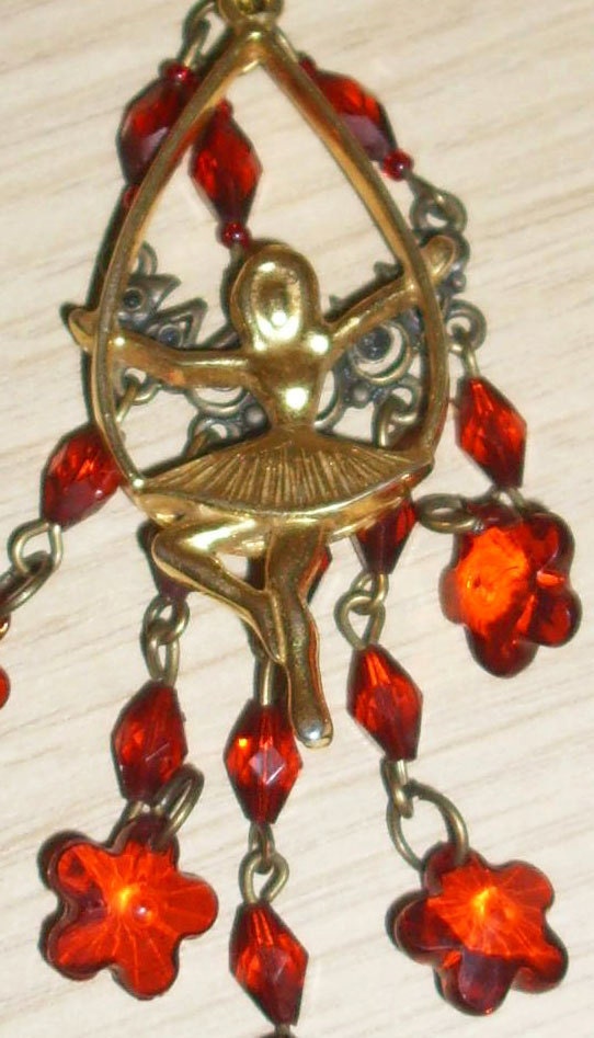 Hand made bag charm keyring with goldtone ballerina and red flower beads
